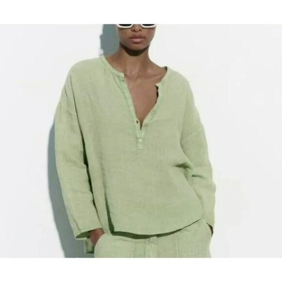 Zara Sage Green Oversized Linen Long Sleeve-Slit Blouse Size Small - Picture 4 of 15